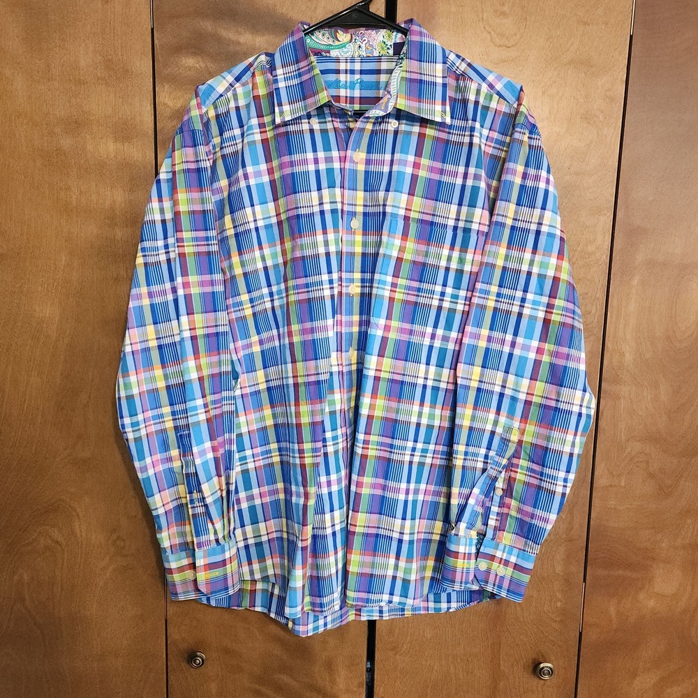 54. Alan Flusser Mens Large Button Down Blue Multi Plaid Paisley Trim Cotton‎